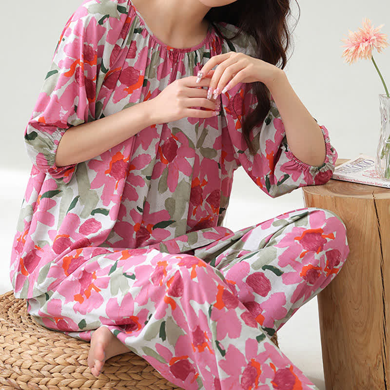 Loungewear-Set mit Blumenmuster und botanischem Muster in Übergröße
