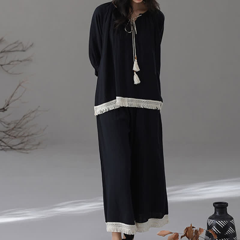 Lockeres Loungewear-Set aus Bambus-Baumwolle mit Quasten