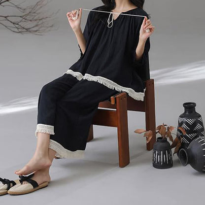 Lockeres Loungewear-Set aus Bambus-Baumwolle mit Quasten