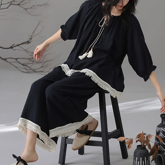 Lockeres Loungewear-Set aus Bambus-Baumwolle mit Quasten