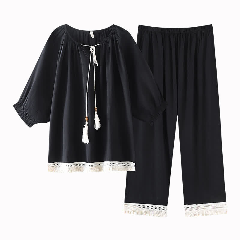 Lockeres Loungewear-Set aus Bambus-Baumwolle mit Quasten