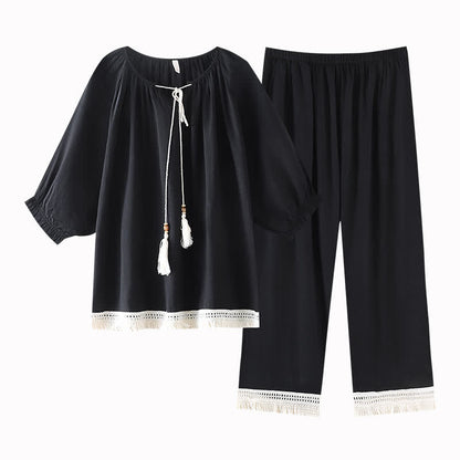 Lockeres Loungewear-Set aus Bambus-Baumwolle mit Quasten