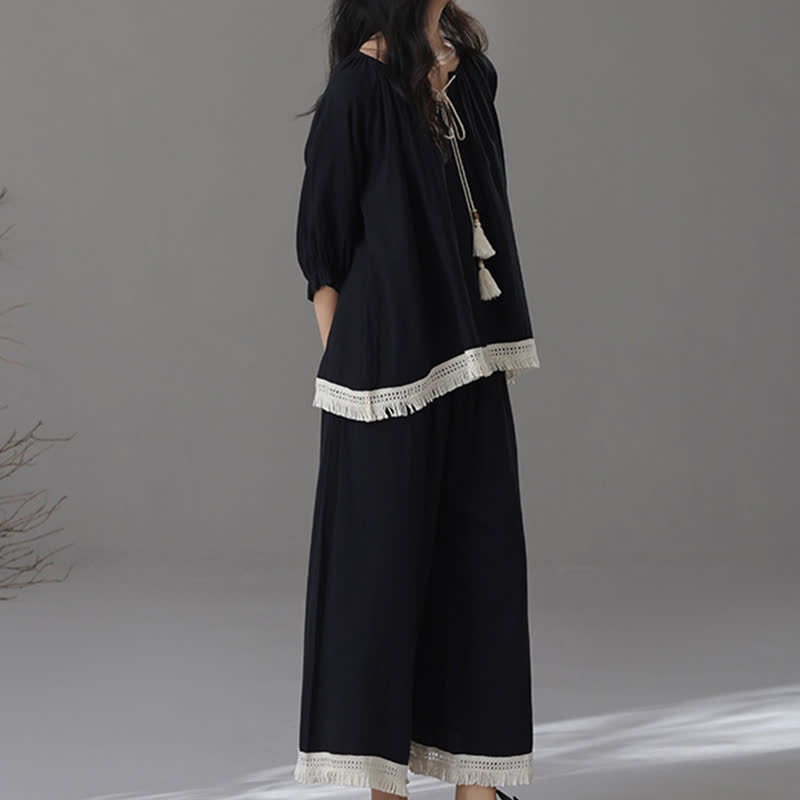 Lockeres Loungewear-Set aus Bambus-Baumwolle mit Quasten