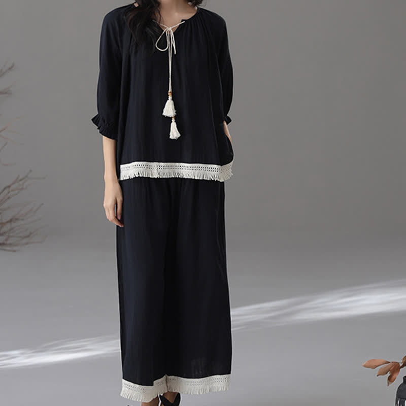 Lockeres Loungewear-Set aus Bambus-Baumwolle mit Quasten