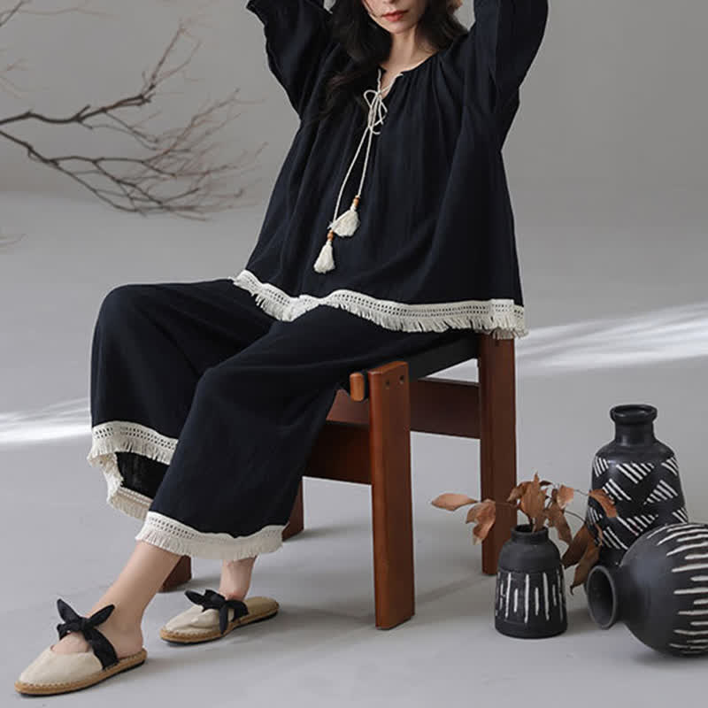 Lockeres Loungewear-Set aus Bambus-Baumwolle mit Quasten