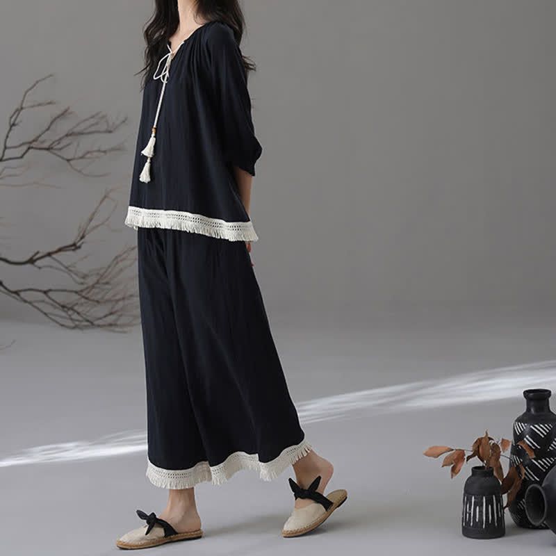 Lockeres Loungewear-Set aus Bambus-Baumwolle mit Quasten