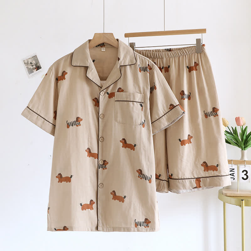 Süßes Kurzarm-Pyjama-Set mit Dackel-Paar