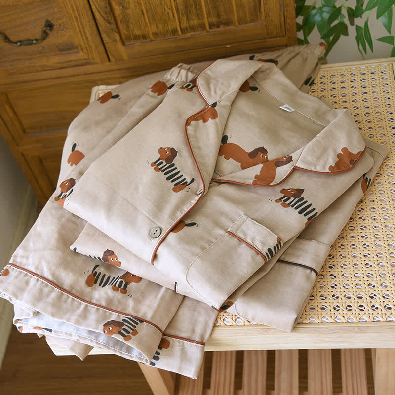 Süßes Kurzarm-Pyjama-Set mit Dackel-Paar