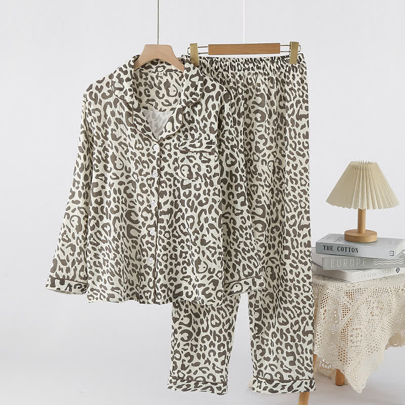 Loungewear-Set aus Baumwollgaze mit Leopardenmuster - Graubraun - XL - image 0