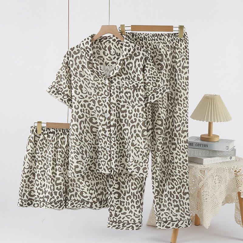 Pyjama-Set aus Baumwollgaze mit Leopardenmuster und Revers (3-teilig)