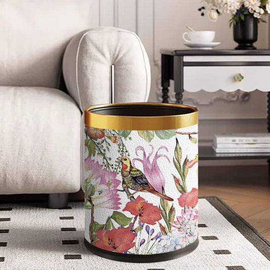 Eleganter, langlebiger Papierkorb aus Leder mit Blumenmuster und Vogelmotiv