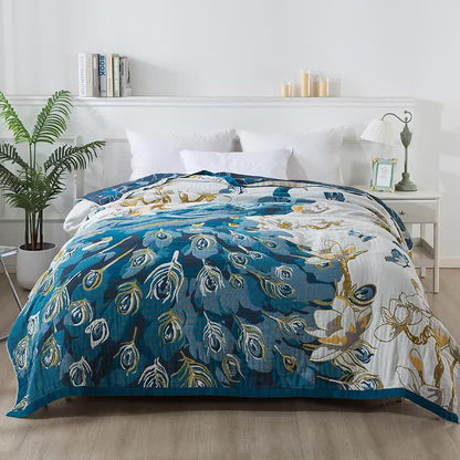Bequeme Decke aus Baumwollgaze-Jacquard mit Pfauenmotiv