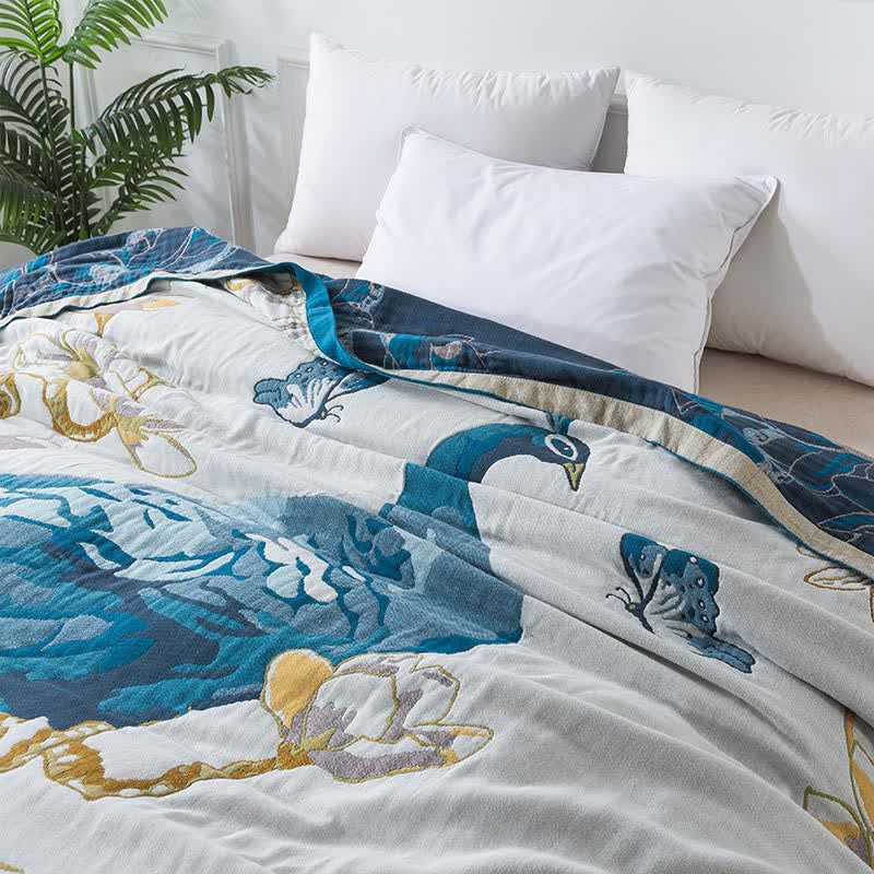 Bequeme Decke aus Baumwollgaze-Jacquard mit Pfauenmotiv