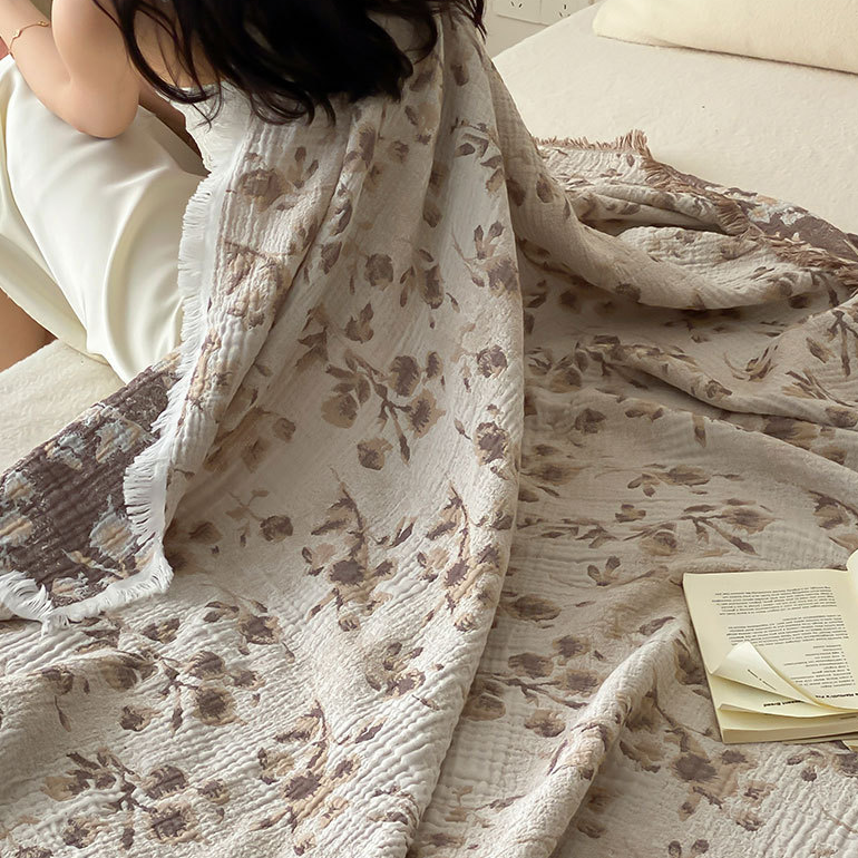 Wendesteppdecke aus Baumwollgaze mit Blumenmuster im Vintage-Stil und Quasten