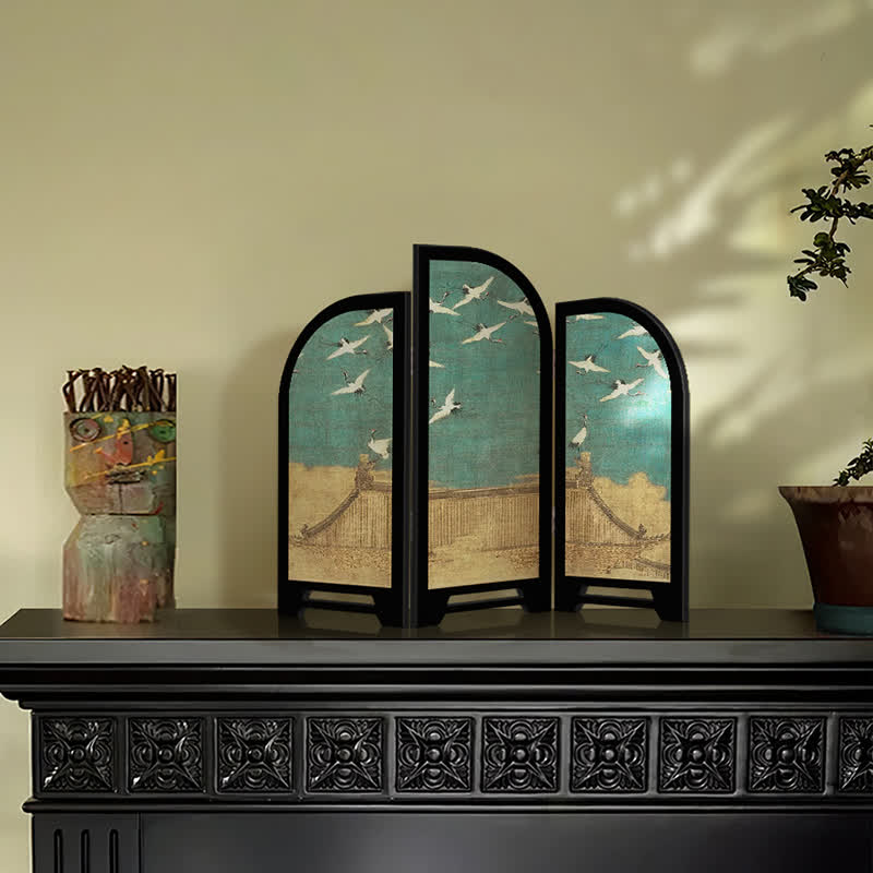 Faltbarer Bildschirm im Vintage-Kranich-Stil, Desktop-Ornament
