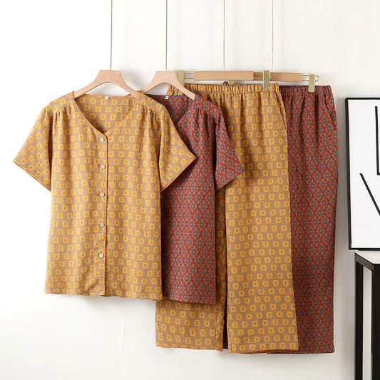Pyjama-Set aus Baumwollgaze mit Vintage-Jacquardmuster und V-Ausschnitt