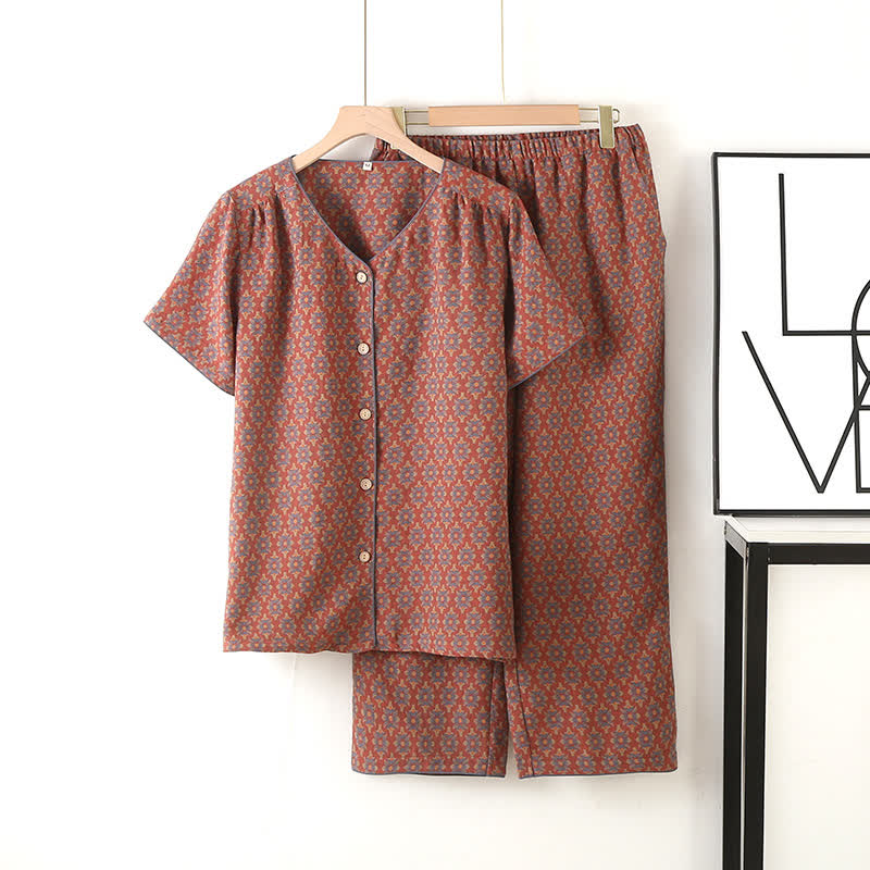 Pyjama-Set aus Baumwollgaze mit Vintage-Jacquardmuster und V-Ausschnitt