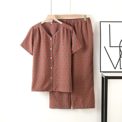 Pyjama-Set aus Baumwollgaze mit Vintage-Jacquardmuster und V-Ausschnitt