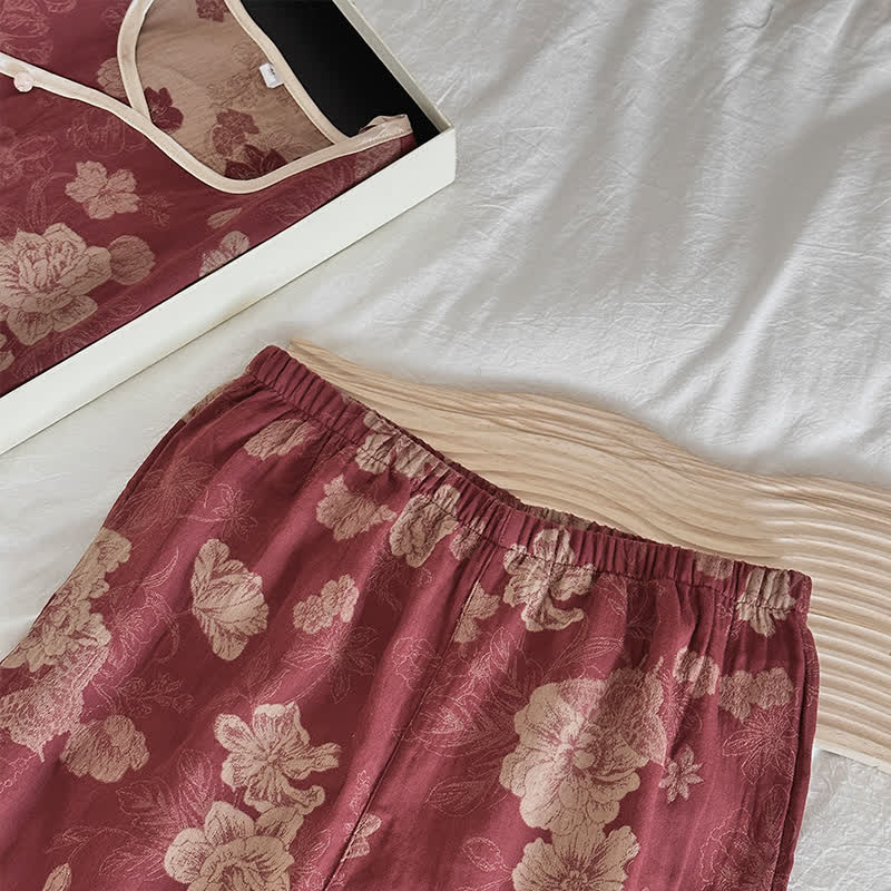 Nachtwäsche-Set aus Baumwollgaze-Jacquard mit Blumenmuster im Vintage-Stil