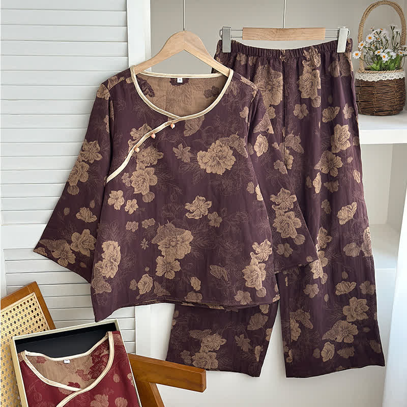Nachtwäsche-Set aus Baumwollgaze-Jacquard mit Blumenmuster im Vintage-Stil