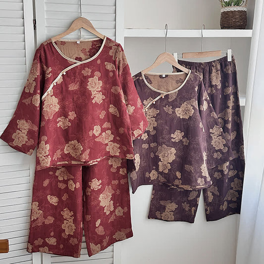 Nachtwäsche-Set aus Baumwollgaze-Jacquard mit Blumenmuster im Vintage-Stil