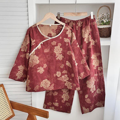 Nachtwäsche-Set aus Baumwollgaze-Jacquard mit Blumenmuster im Vintage-Stil
