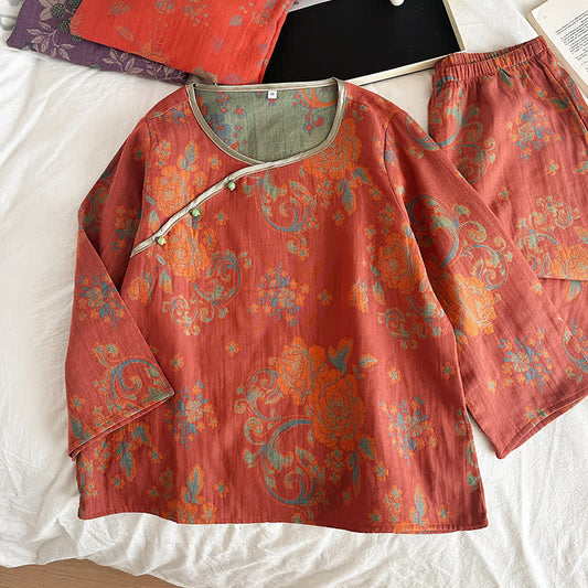 Lässiges Pyjama-Set aus Retro-Jacquard-Baumwollgaze
