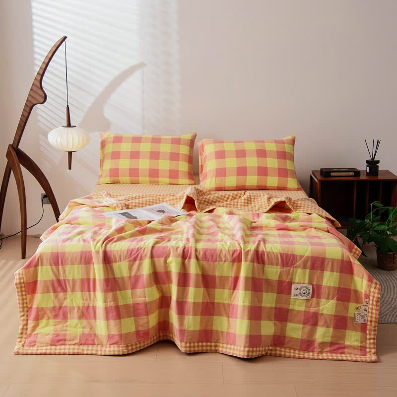 Garngefärbte karierte Vintage-Bettwäsche aus reiner Baumwolle