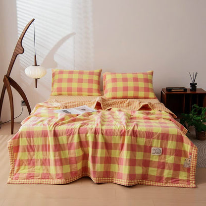 Garngefärbte karierte Vintage-Bettwäsche aus reiner Baumwolle