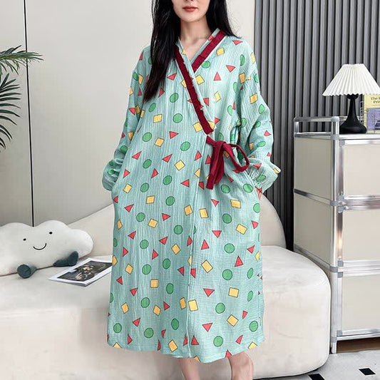 Geometrisches Kimono-Nachthemd aus Baumwollgaze in Übergröße