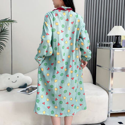 Geometrisches Kimono-Nachthemd aus Baumwollgaze in Übergröße