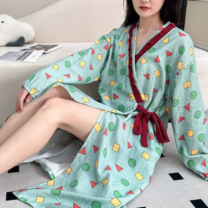 Geometrisches Kimono-Nachthemd aus Baumwollgaze in Übergröße