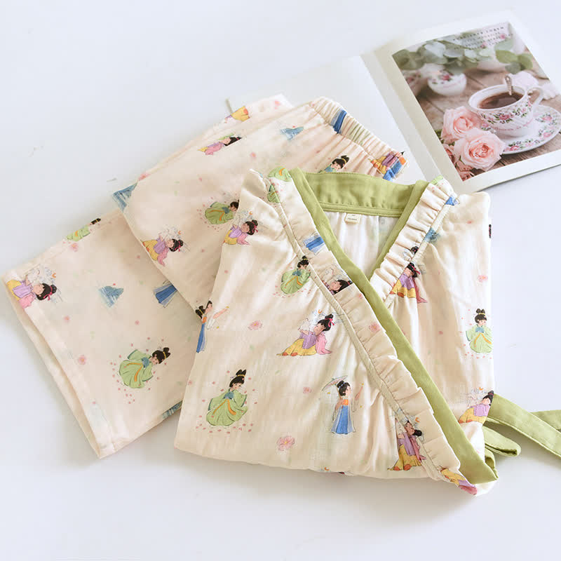 Loungewear-Set aus Vintage-Baumwollgaze mit asymmetrischer Vorderseite