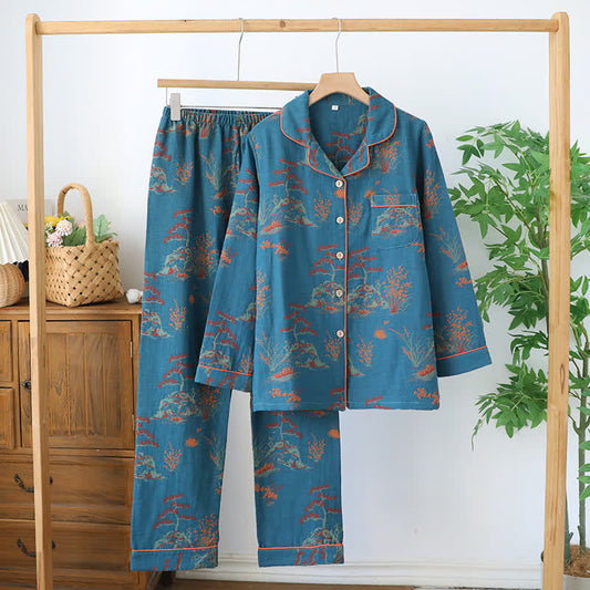 Loungewear-Set aus Baumwoll-Doppelgarn-Jacquard mit botanischem Muster