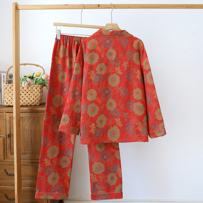 Loungewear-Set aus garngefärbtem Jacquard aus reiner Baumwolle mit Pfingstrosenmotiv