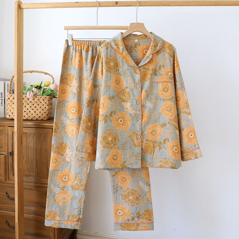 Loungewear-Set aus garngefärbtem Jacquard aus reiner Baumwolle mit Pfingstrosenmotiv