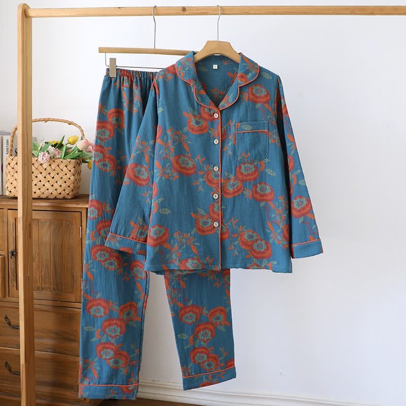 Persimmonfarbenes Loungewear-Set aus garngefärbtem Baumwolljacquard