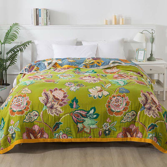 Bunte, florale Wendedecke aus Baumwollgaze