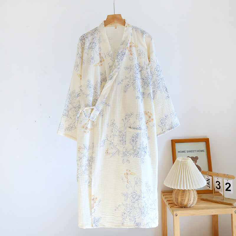 Bademantel-Pyjama aus Baumwollgaze mit Blumen und Schmetterlingen