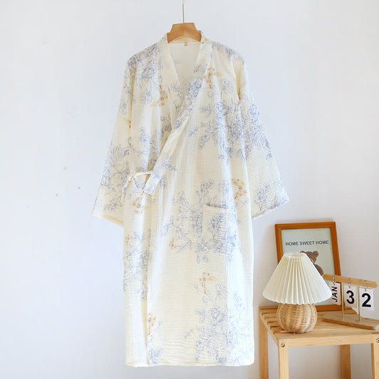 Bademantel-Pyjama aus Baumwollgaze mit Blumen und Schmetterlingen