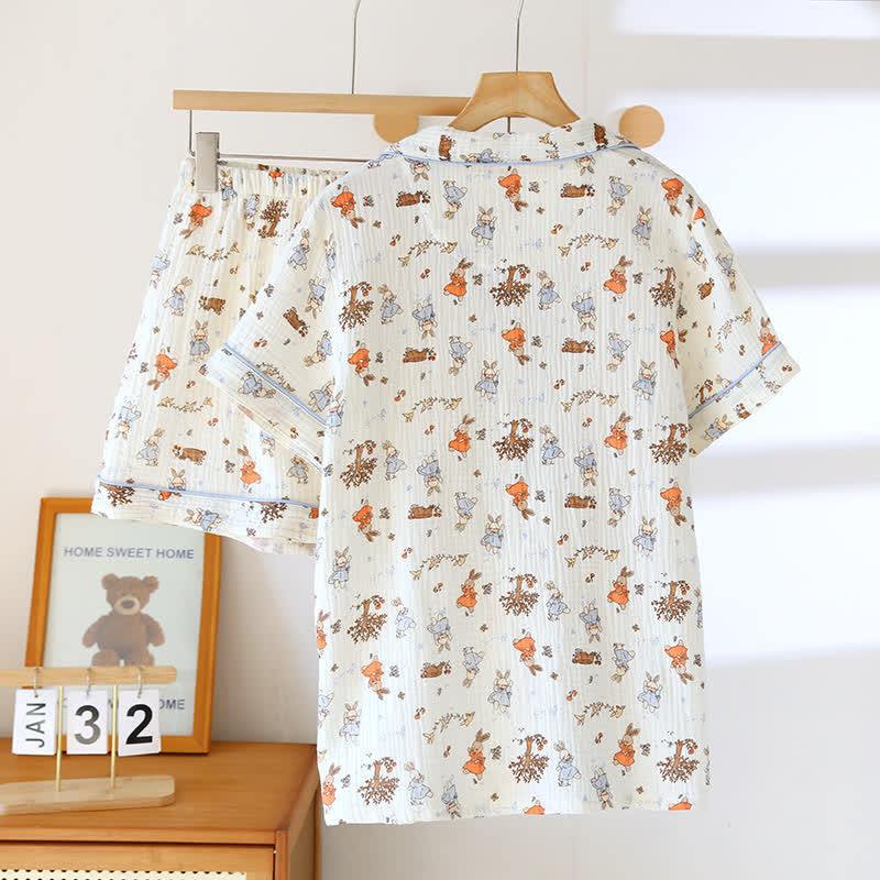 Kurzärmliges Loungewear-Set aus Baumwollgaze mit Kaninchen-Print