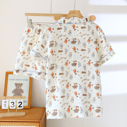 Kurzärmliges Loungewear-Set aus Baumwollgaze mit Kaninchen-Print