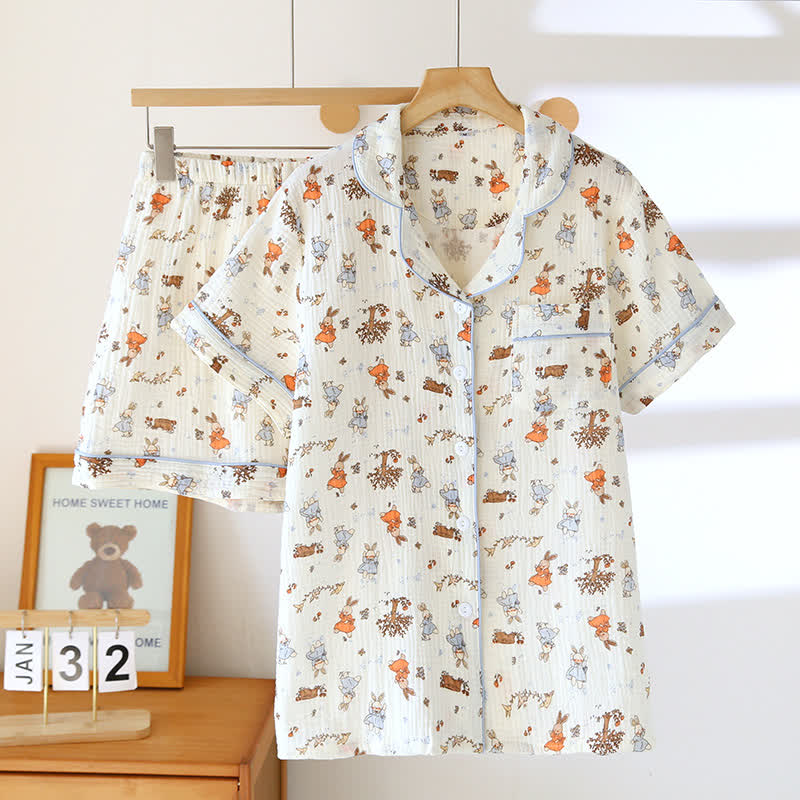 Kurzärmliges Loungewear-Set aus Baumwollgaze mit Kaninchen-Print