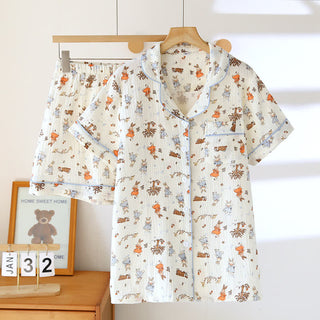 Kurzärmliges Loungewear-Set aus Baumwollgaze mit Kaninchen-Print
