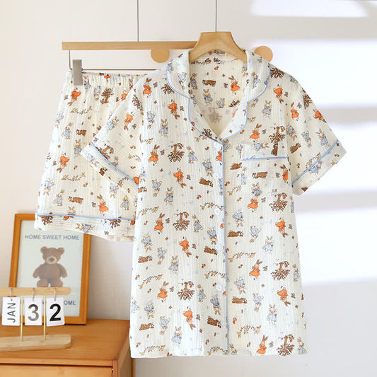 Kurzärmliges Loungewear-Set aus Baumwollgaze mit Kaninchen-Print