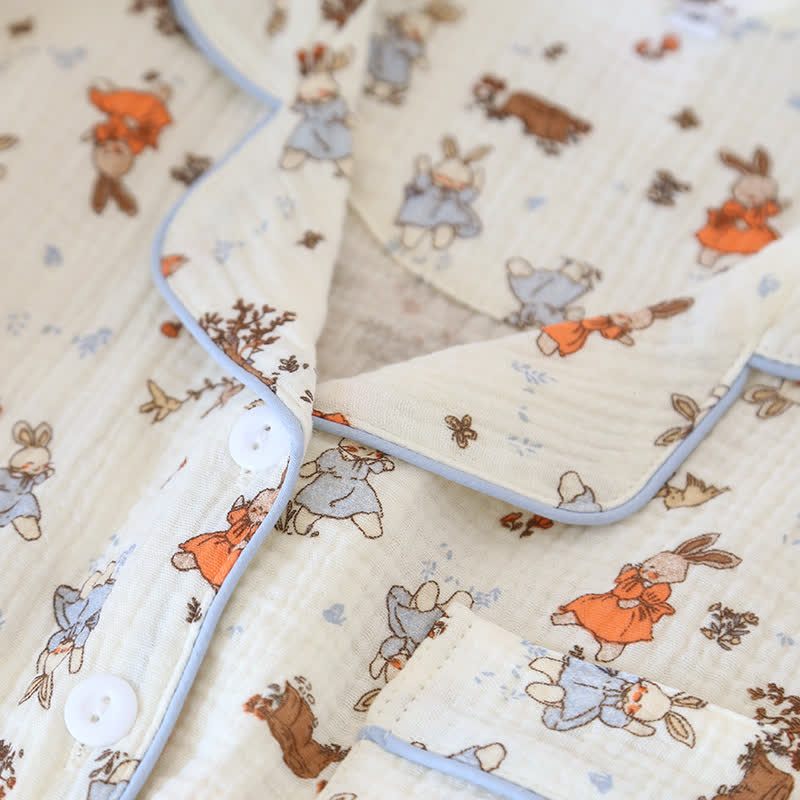 Kurzärmliges Loungewear-Set aus Baumwollgaze mit Kaninchen-Print