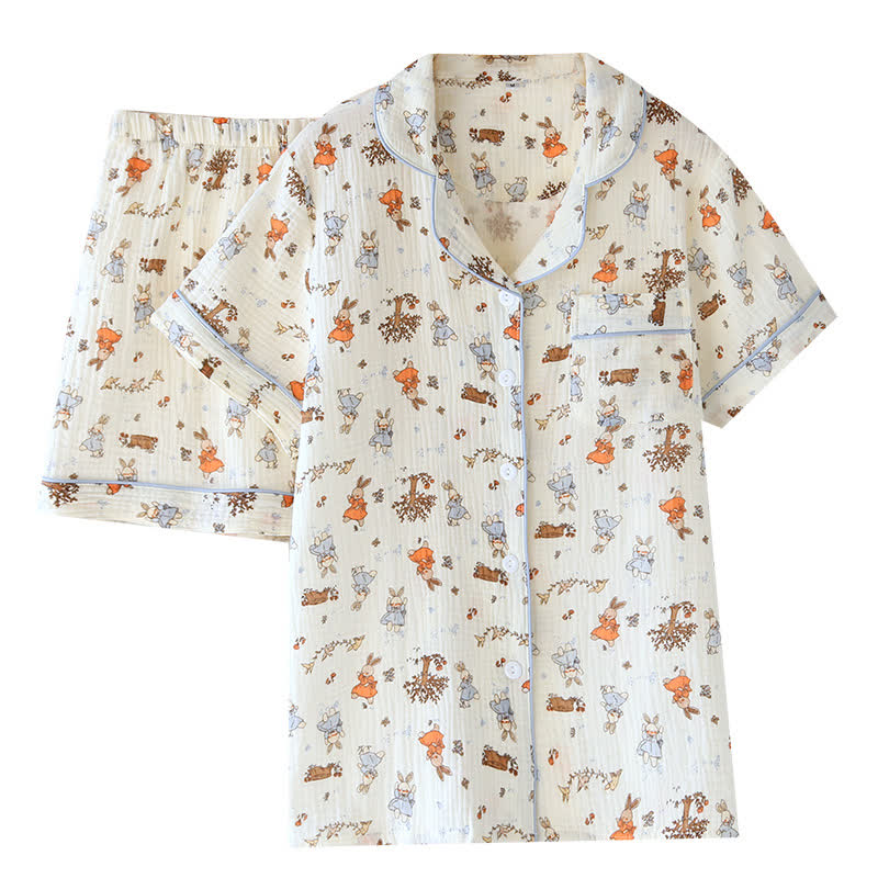 Kurzärmliges Loungewear-Set aus Baumwollgaze mit Kaninchen-Print
