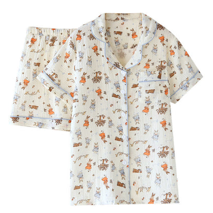 Kurzärmliges Loungewear-Set aus Baumwollgaze mit Kaninchen-Print