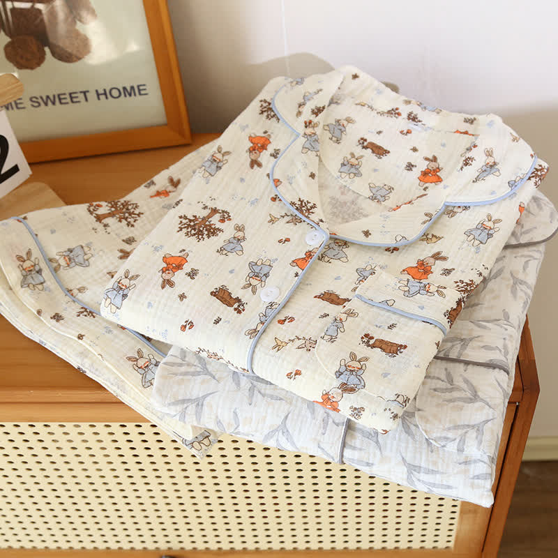 Kurzärmliges Loungewear-Set aus Baumwollgaze mit Kaninchen-Print
