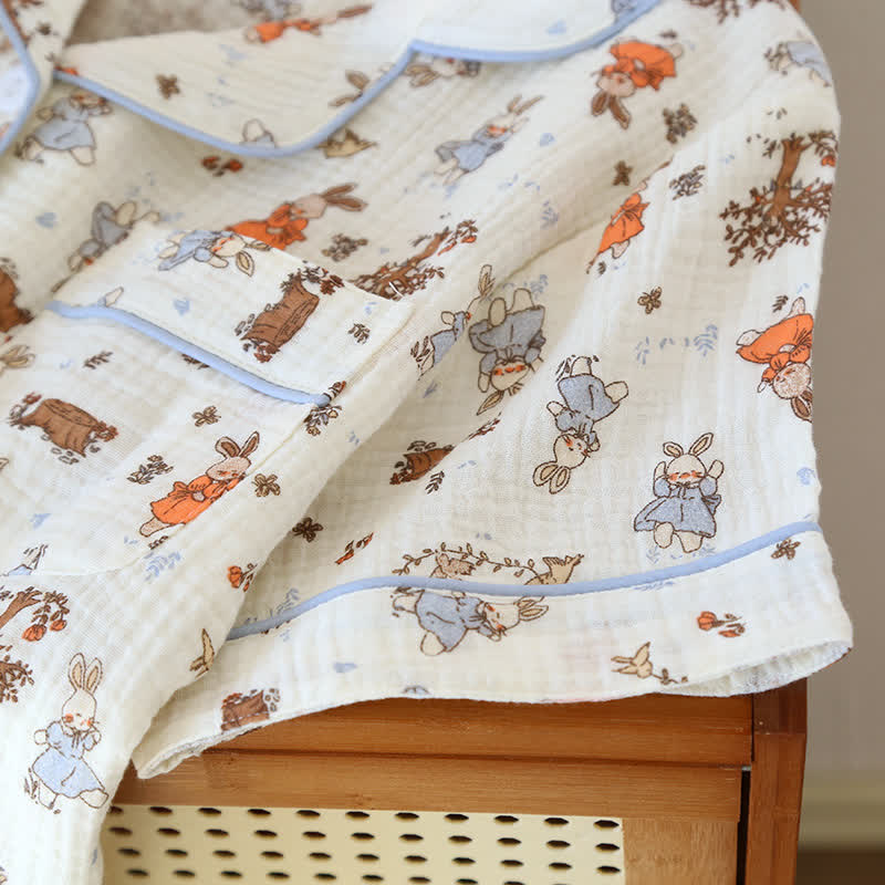 Kurzärmliges Loungewear-Set aus Baumwollgaze mit Kaninchen-Print